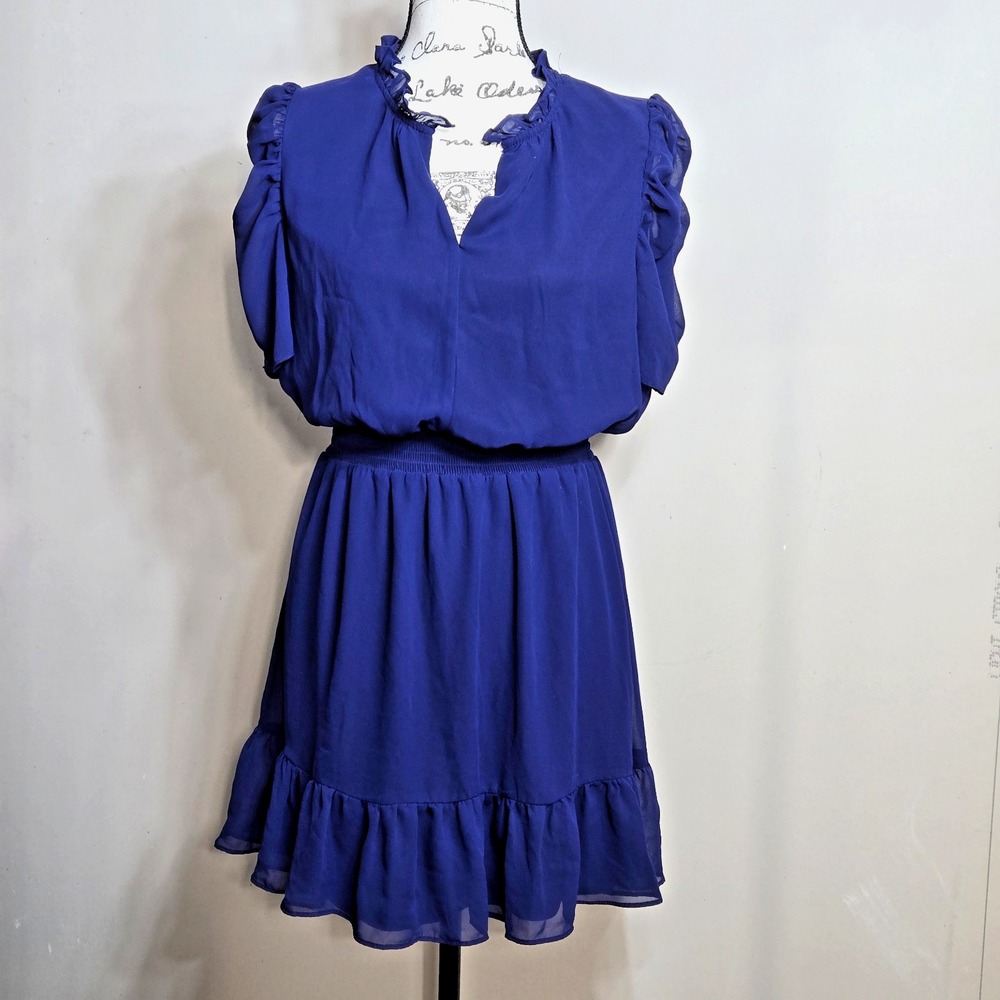 MSK Chiffon Baby Doll Dress Size‎ M Navy Blue Tiered Hem Flutter Sleeve Lined